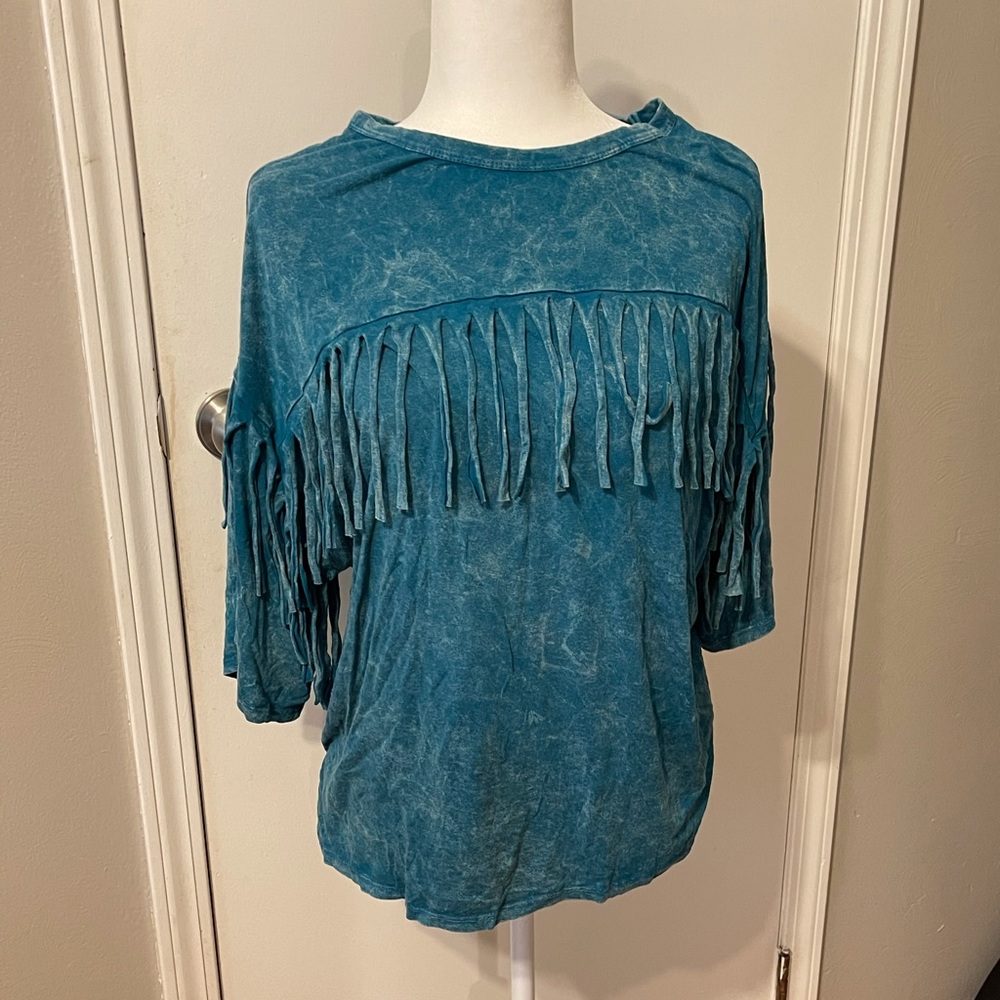 Turquoise Vintage Wash Fringe Tee
